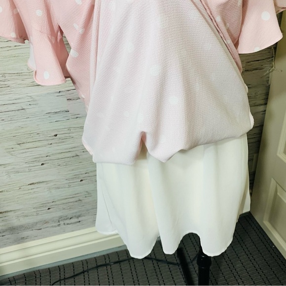 AVA Festival Pink White Polka Dots Crepe Mini Dress Ruffle Short Sleeves Sz M/L - Picture 8 of 10
